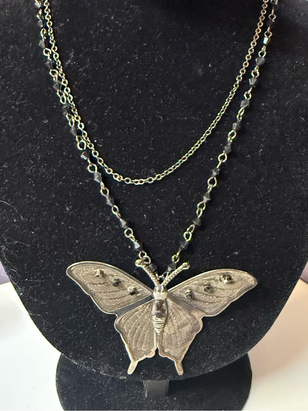 Vintage Butterfly Layered Necklace with Black Beads Silver-tone